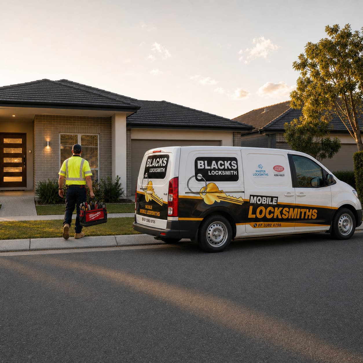A technician arriving at a residential property to do work with the black locksmith van in shot