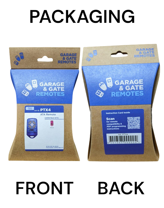 ATA PTX4 4-Channel Garage Remote retail packaging, front and back