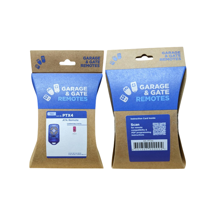 ATA PTX4 4-Channel Garage Remote retail packaging, front and back