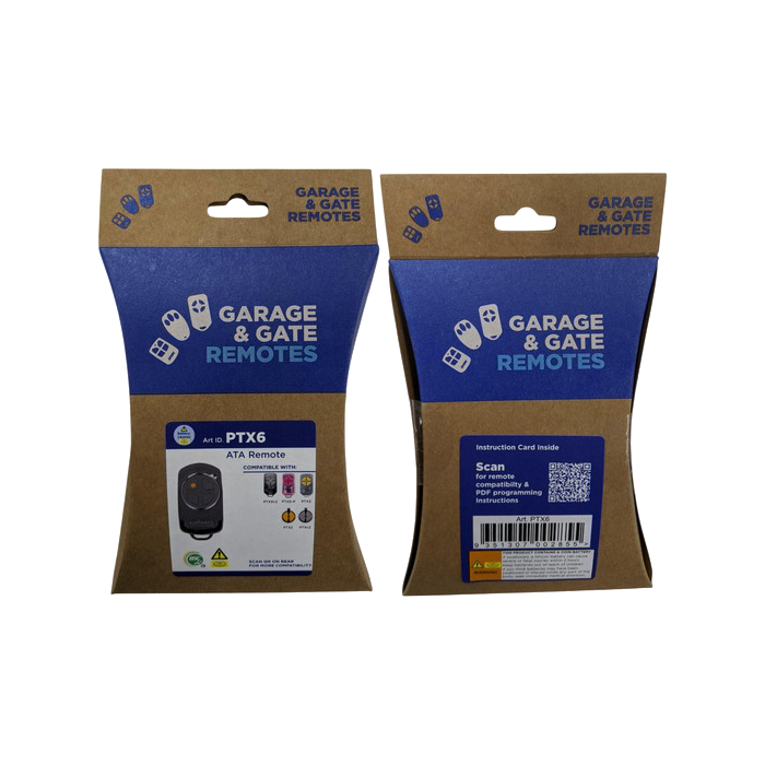 ATA PTX6 garage door remote retail packaging, front and back
