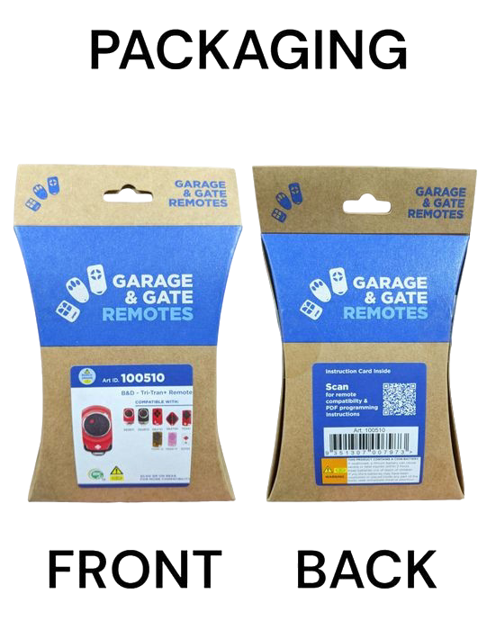 B&D TB-7 100510 Red 4-Channel Garage Remote retail packaging, front and back