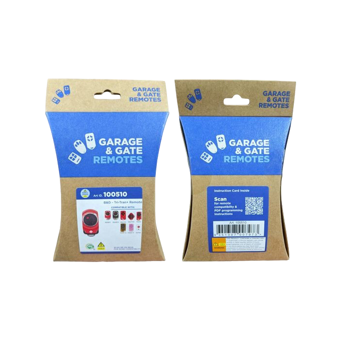 B&D TB-7 100510 Red 4-Channel Garage Remote retail packaging, front and back