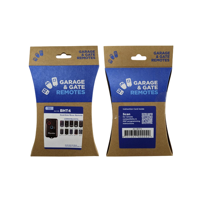 Boss Guardian BHT4 garage door remote retail packaging, front and back
