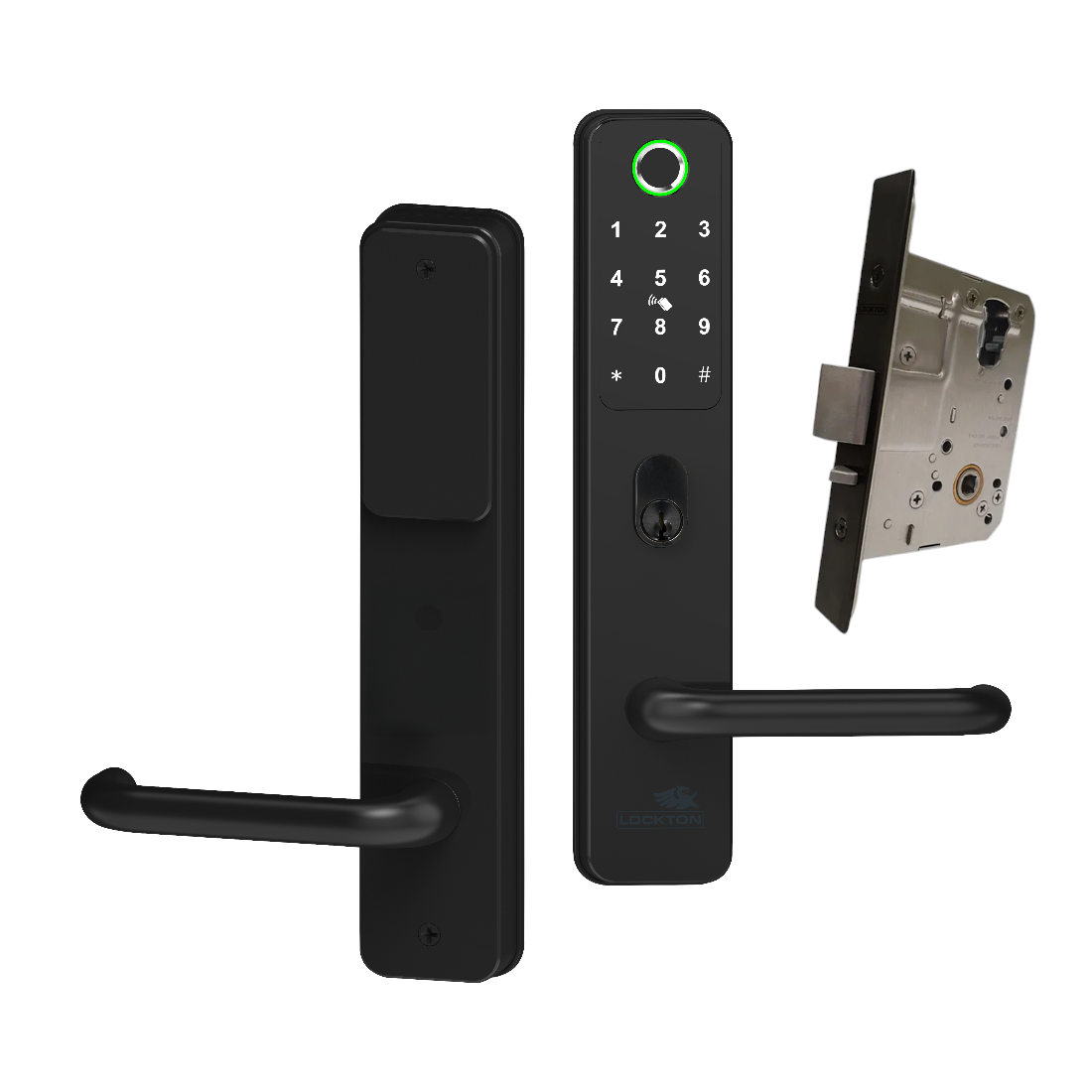 LOCKTON CADELL52 smart lever lock in matte black, outside and inside handles with the 60mm mortice lock