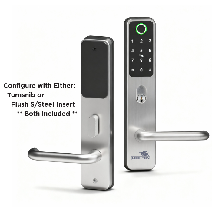 CADELL52 inside handle with turn snib or flush insert, and the outside handle with keypad and fingerprint reader
