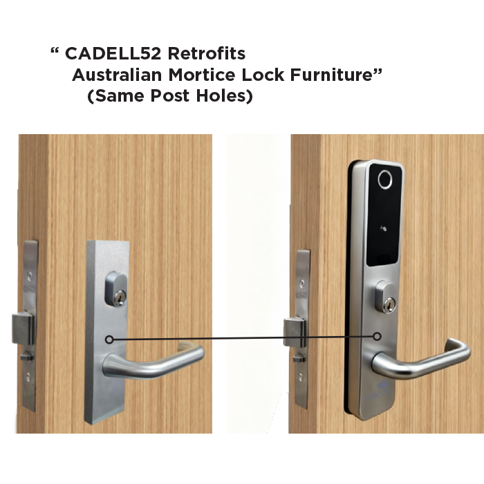 CADELL52 fitted over an existing Australian mortice lock using the same post holes