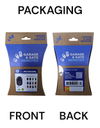 Chamberlain MC100AML Universal 2-Channel Garage Remote retail packaging, front and back
