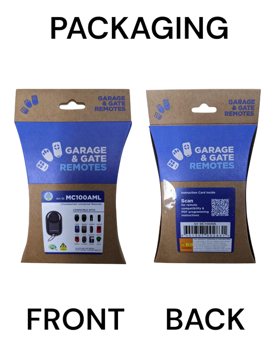 Chamberlain MC100AML Universal 2-Channel Garage Remote retail packaging, front and back