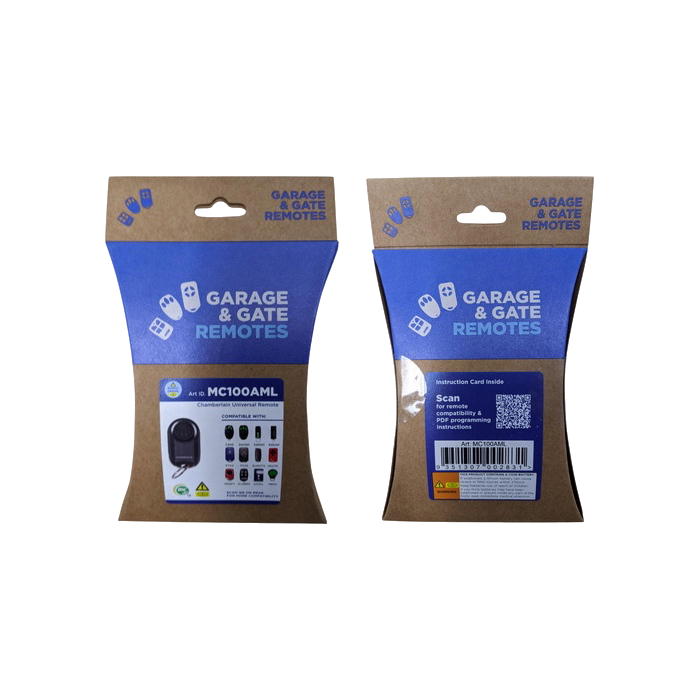 Chamberlain MC100AML Universal 2-Channel Garage Remote retail packaging, front and back