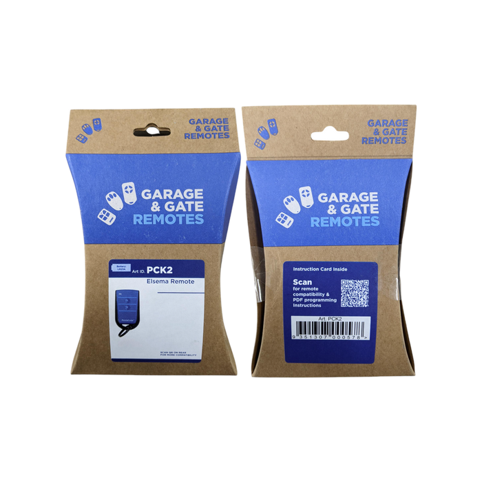 Elsema PCK2 PentaCode 2-Channel Garage Remote front and back retail packaging