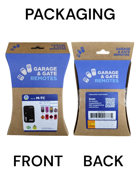 JMA M-TC B&D and ATA Tri-Code Garage Remote retail packaging, front and back