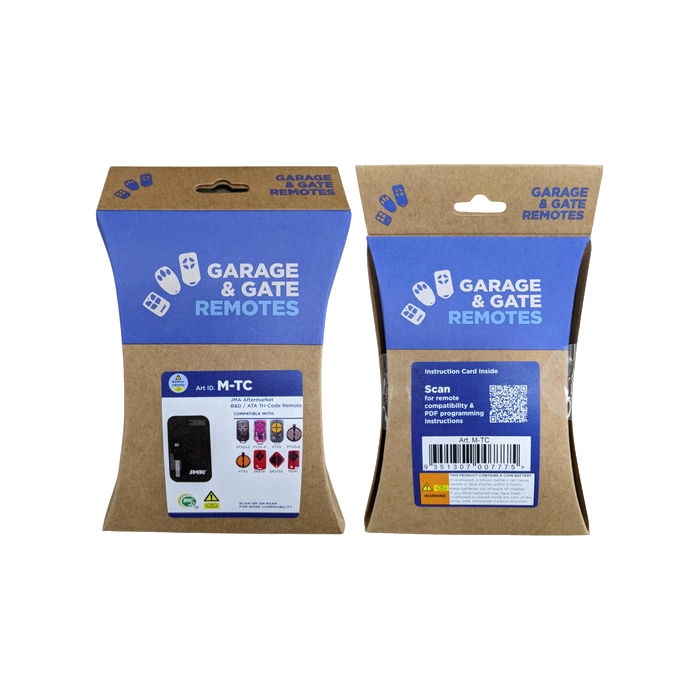 JMA M-TC B&D and ATA Tri-Code Garage Remote retail packaging, front and back