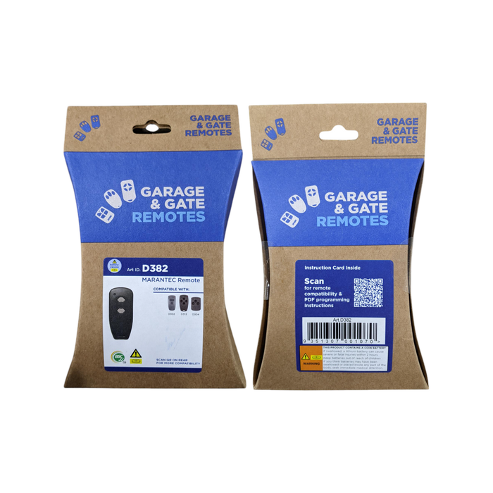 Marantec D382 2-Channel Garage Remote front and back retail packaging