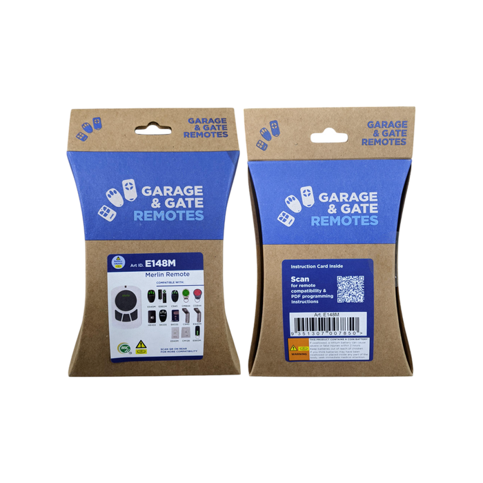 Merlin E148M Wall-Mount 4-Channel Garage Remote front and back retail packaging