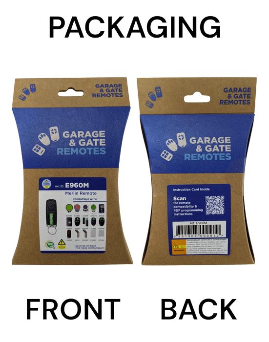 Merlin E960M 4-Channel Garage Remote retail packaging, front and back