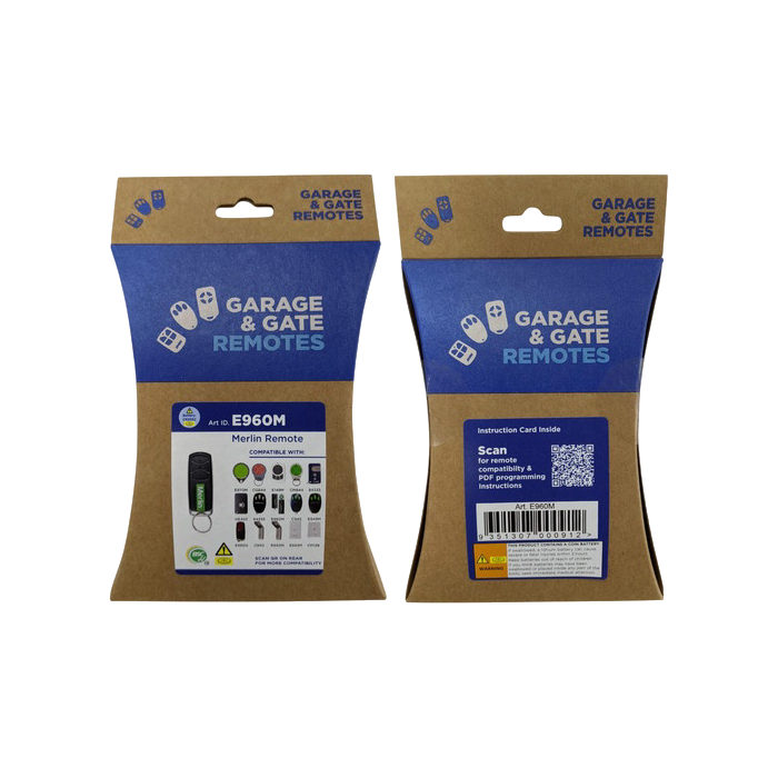 Merlin E960M 4-Channel Garage Remote retail packaging, front and back