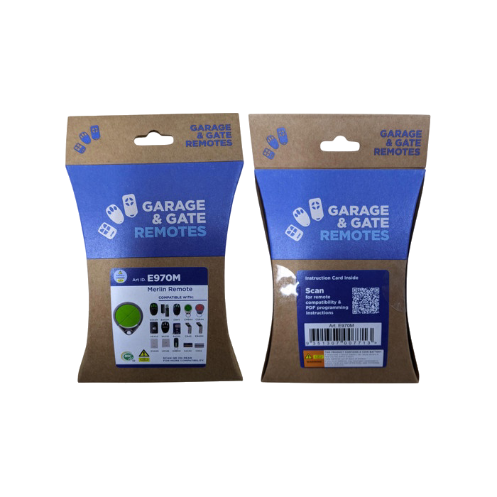 Merlin E970M garage door remote retail packaging, front and back