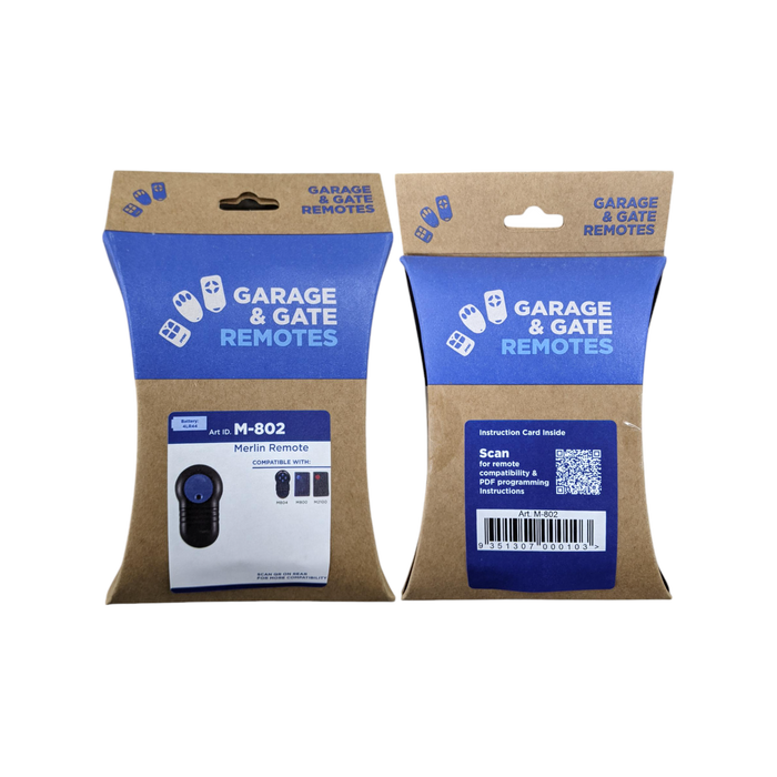 Merlin M-802 Large 2-Channel Garage Remote front and back retail packaging