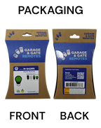 Merlin M-842RS Mini 2-Channel Garage Remote retail packaging, front and back