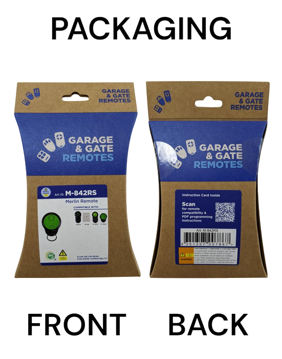 Merlin M-842RS Mini 2-Channel Garage Remote retail packaging, front and back