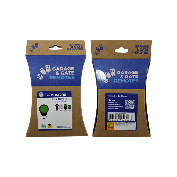 Merlin M-842RS Mini 2-Channel Garage Remote retail packaging, front and back