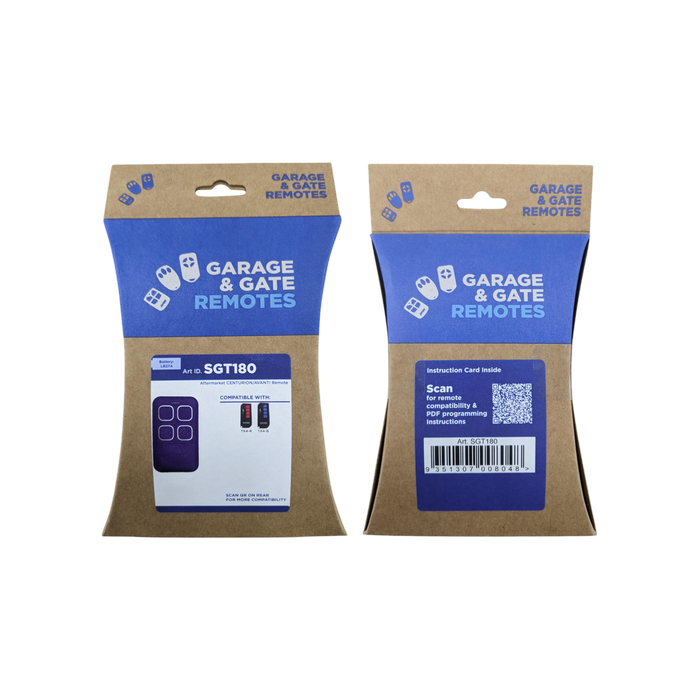 SGT SGT180 Centurion/Avanti-Compatible 4-Channel Garage Remote front and back retail packaging