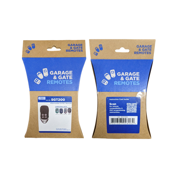 SGT SGT200 DITEC-Compatible 4-Channel Garage Remote front and back retail packaging