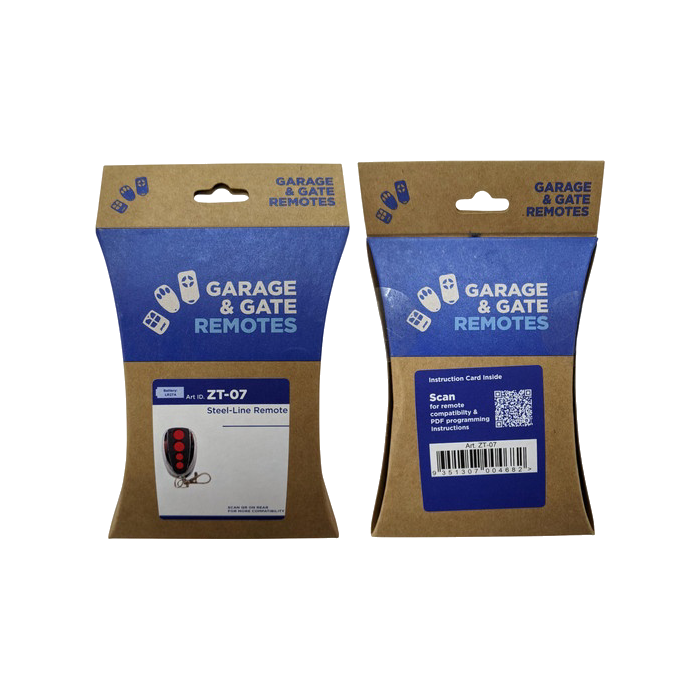 Steel-Line ZT-07 4-Channel Garage Remote retail packaging, front and back